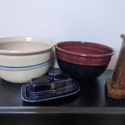 Two Pottery Mixing Bowls, CorningWare Dishes, Richard Ward Clock, and Covered Butter Dish