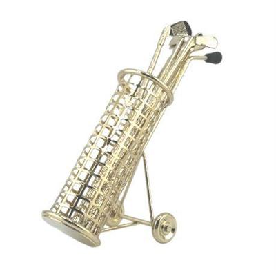 Lot 042   
Mid-Century Gold-Tone Golf Club Swizzle Sticks in Wire Mesh Golf Bag Stand