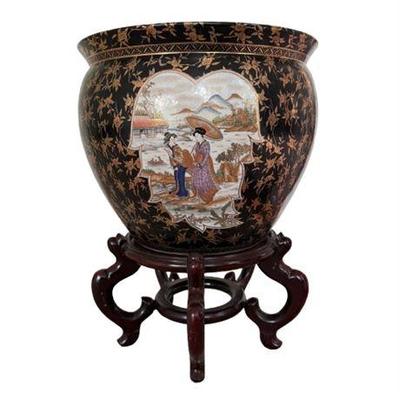 Lot 023   
A Chinese Famille Noire Fish Bowl On Rosewood Stand