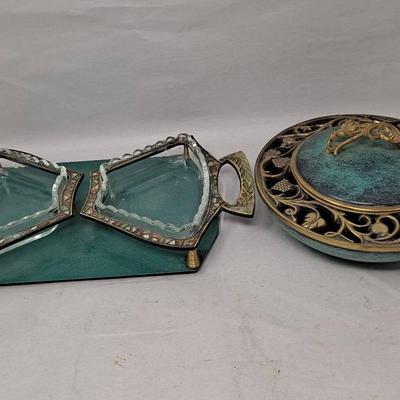 Mid Century Judaica Brass and Enamel Tray and Bowl