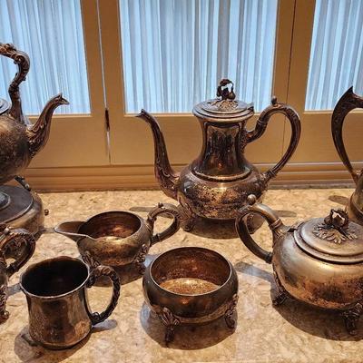 Silver Plated Dishes, Cup, Teapots And Pitcher