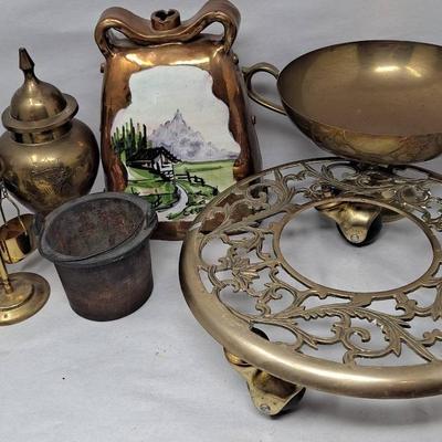 Brass and Cast Iron Lot:  Handpainted Alpine Bell; Cast Iron Pot; and More