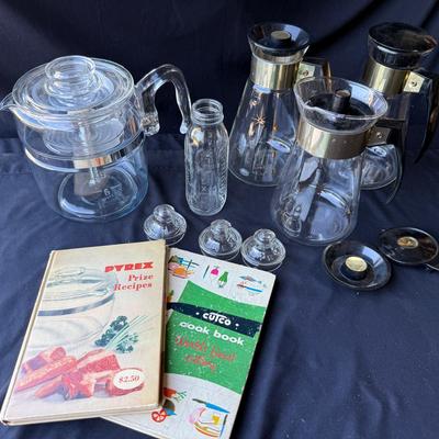 Title: “Vintage Mid-Century Coffee & Kitchen Lot – Pyrex, Starburst Carafes, Cookbooks”