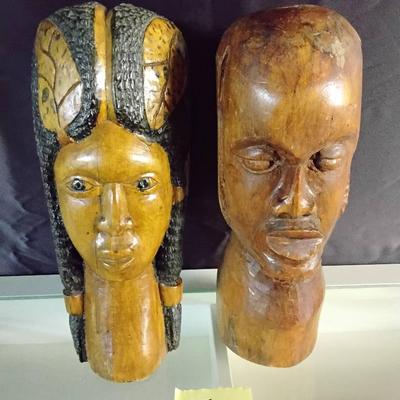 2 Hand Carved Wooden Busts