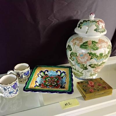 Lot Of Ceramic Decor Including Lidded Vase
