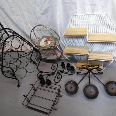 Lot of metal decor including a wine bottle holder