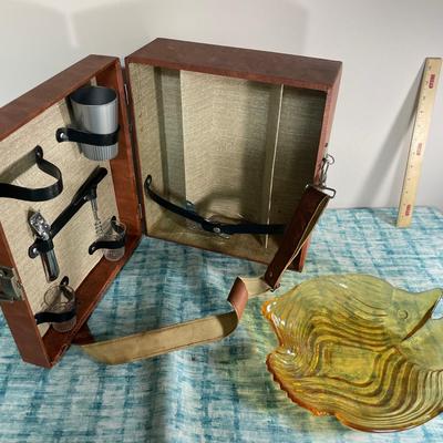 Lot With A Vintage Mid Century Traveling Bar And Glass Fish Dish