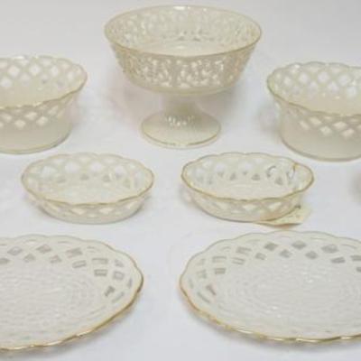 Sale Photo Thumbnail #72: 1072	LENOX CHINA GROUP OF 11 PIERCED CHINA INCLUDING COMPOTE, BASKETS, PLATES AND VASES, TALLEST APPROXIMATELY 6 1/2 IN H
