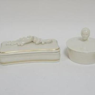 Sale Photo Thumbnail #48: 1048	LENOX CHINA ASSORTED COVERED TRINKET BOXES,PERFUME BOTTLES AND RING HOLDER, 2 GREEN MARKED, ROUND BOX APPROXIMATELY 7 IN DIA
