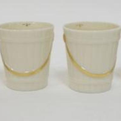 Sale Photo Thumbnail #101: 1101	LENOX CHINA 8 GOLD WREATH MARK JIGGER BUCKET SHOT GLASSES, GOLD ACCENTED BAILS, APPROXIMATELY 2 1/4 IN, 1 SMALLER
