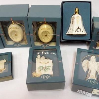 Sale Photo Thumbnail #87: 1087	LENOX CHINA CHRISTMAS ORNAMENT ASSORTMENT, 8 INCLUDING ANNUALS, SLEDDING BEAR, ANGEL, AND OTHERS
