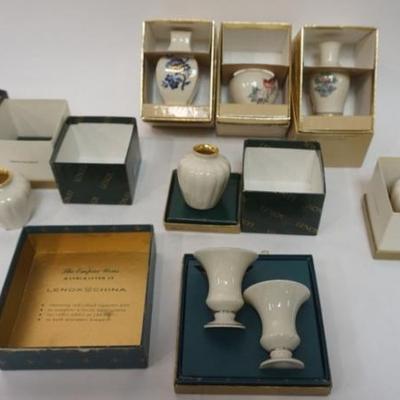 Sale Photo Thumbnail #172: 1172	LENOX CHINA GROUP OF 10 ASSORTED MINIATURE VASES INCLUDING ALADDIN & 2 MINIATURE URNS W/GREEN MARK, LARGEST APPROXIMATELY 3 3/4 IN HIGH
