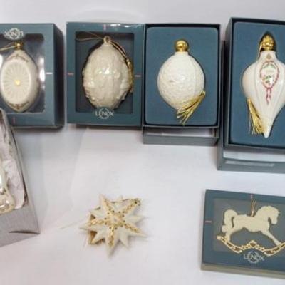 Sale Photo Thumbnail #92: 1092	LENOX CHINA CHRISTMAS ORNAMENT ASSORTMENT, 8 INCLUDING ANNUALS, BABY 1ST CHRISTMAS, ROCKING HORSE, AND OTHERS
