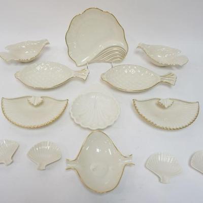 Sale Photo Thumbnail #76: 1076	LENOX CHINA GROUP OF 13 ASSORTED TRAYS, MANY IN SHELL FORM AND FISH, MOST 14K GOLD RIM TRIM, LARGEST APPROXIMATELY 10 IN W X 6 IN
