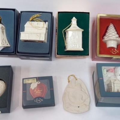 Sale Photo Thumbnail #90: 1090	LENOX CHINA CHRISTMAS ORNAMENT ASSORTMENT, 8 INCLUDING ANNUALS, TOWN HALL, VILLAGE INN, CHURCH, AND OTHERS

