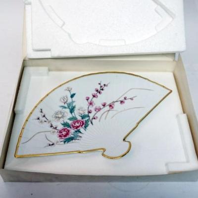 Sale Photo Thumbnail #155: 1155	LENOX CHINA *THE PLUM BLOSSOM FAN* WINTER, APPROXIMATELY 13 1/2 IN X 8 IN
