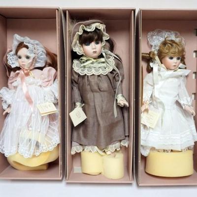 Sale Photo Thumbnail #54: 1054	LENOX GALLERY OF GIFTS CHINA DOLLS, 3 INCLUDING JESSICA, REBECCA AND MAGGIE, TALLEST APPROXIMATELY 20 IN H
