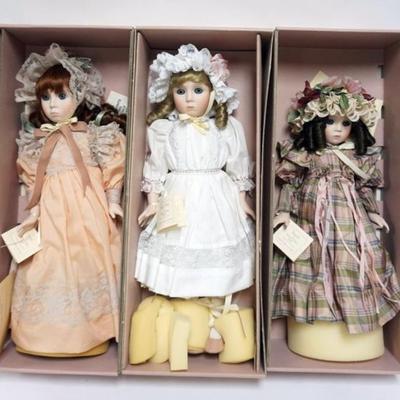 Sale Photo Thumbnail #53: 1053	LENOX GALLERY OF GIFTS CHINA DOLLS, 3 INCLUDING ABAGAIL, MARY ANNE AND AMANDA, TALLEST APPROXIMATELY 20 IN H
