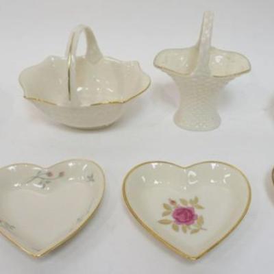 Sale Photo Thumbnail #86: 1086	LENOX CHINA ASSORTED GROUP OF GOLD MARKED BASKETS AND HEART DISHES, 1 HEART DISH MYSTERY SHOPPER 1965, TALLEST APPROXIMATELY 6 IN
