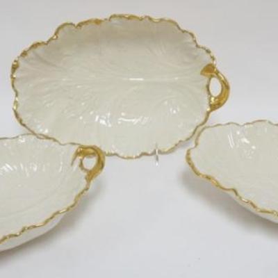 Sale Photo Thumbnail #45: 1045	3 LARGE VINTAGE LENOX CHINA ANCANTHUS LEAF BOWLS, HAND DECORATED 14K GOLD TRIM, LARGEST APPROXIMATELY 14 IN X 9 1/2 X 4

