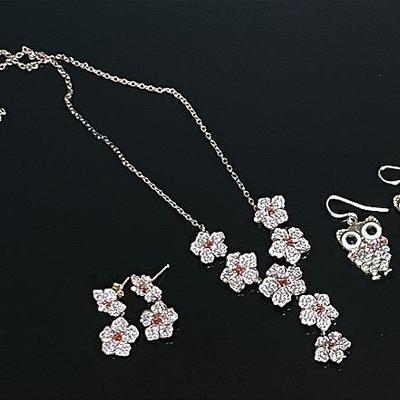 .925 Sterling Silver Pink Crystal Demiparure with Pink Crystal Owl Drop Earrings