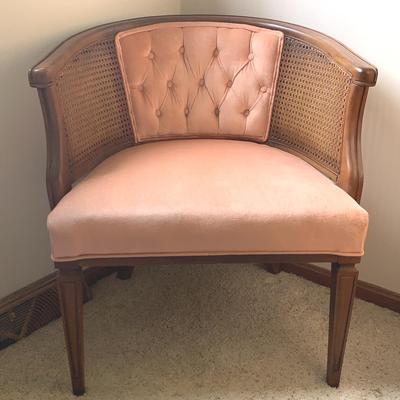  MCM Upholstered Pecan Wood Armchair With Caned Sides