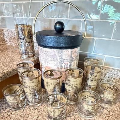 MCM Cera “Old World Map” Glassware & Ice Bucket 