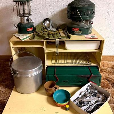 Vintage Camping Essentials With Coleman Lantern, Heater, Stove, Mess Kit & Wooden Storage Chest