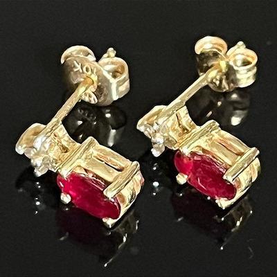 14K Yellow Gold Diamond Red Stone Stud Earrings 
