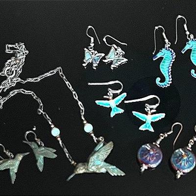 Sterling and Signed Butterfly, Hummingbird and Seahorse Enameled Jewelry 
