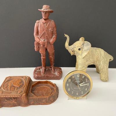 Vintage Syroco MCM Desk Box, Westclox Baby Ben Clock, And Red Mill Soldier Figurine