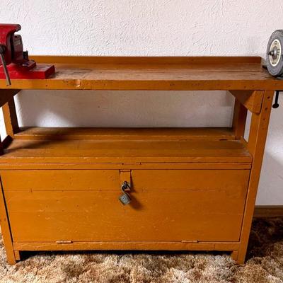 Primitive Work Or Tool Storage Bench With Wilton Vise & General Hand Grinder