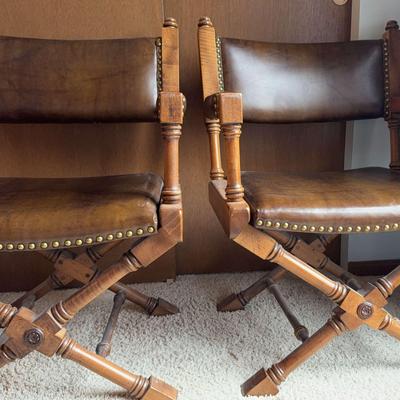 Vintage Wood & Studded Leather Director Chairs (2)