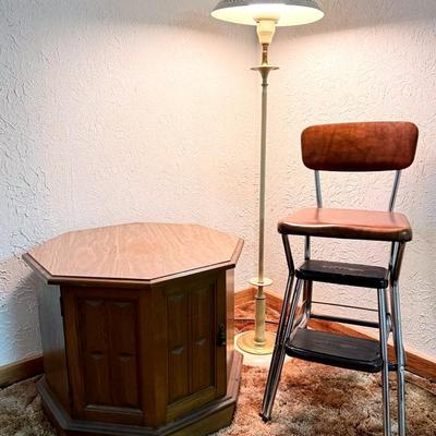 Vintage Corner Trio With Toleware Floor Lamp, Octagon Table, Cosco Step Stool Chair