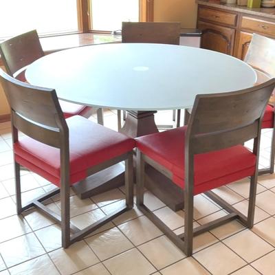 Pedestal Frosted Glass Dining Table With Wood Chairs  