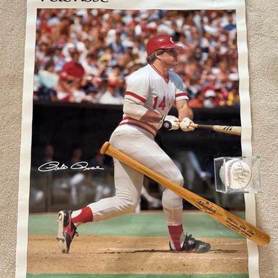 Pete Rose Sports Illustrated Poster, Reds HOF Ball & 1970 Riverfront Stadium All-Star Bat