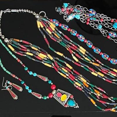 Inlaid Turquoise and Semiprecious Stone Jewelry, Tibetan and Southwestern 