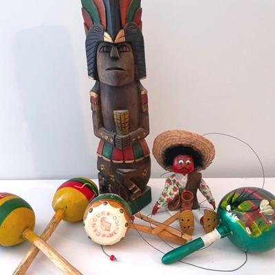 Mexican Folk Art Marionette Puppet And Maracas With Carved Tribal Totem