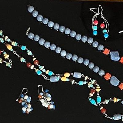 Lapis Red Coral Beaded Necklace with .925 Clasp, Sterling Earrings with Turquoise and Coral + Others