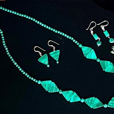 Malachite Jewelry with Sterling Clasp Necklace and Three Pairs of Earrings, One with Gold Filled 