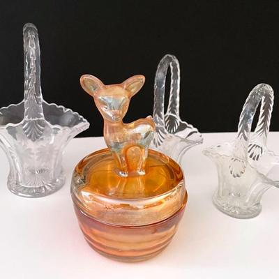 Jeanette Marigold Carnival Glass Deer Trinket Dish With Etched Baskets