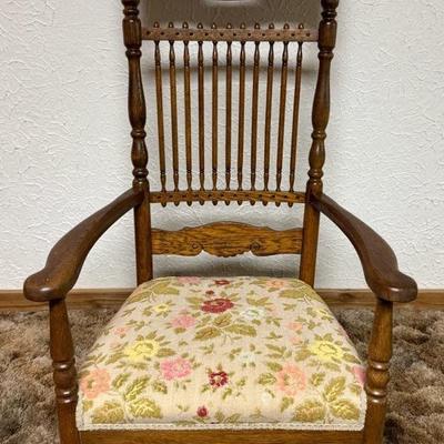 Antique Oak Rocker With Carved Details & Floral Embroidered Seat