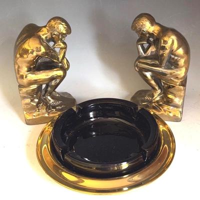 ”The Thinker“ Brass Bookends & MCM Ashtray 