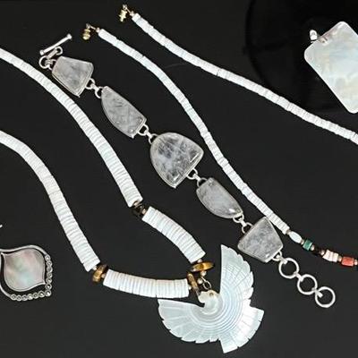 Mother of Pearl, Tigers Eye and Moss Agate Sterling Silver Jewelry 