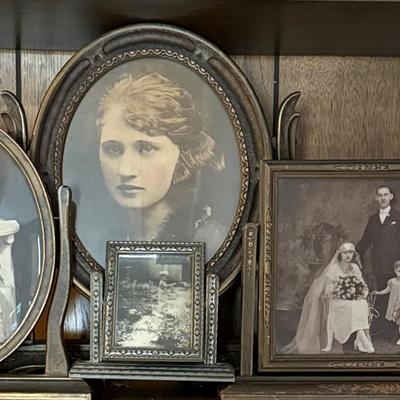Vintage Table Top Framed Photographs & Oval Convex Image of 3 Young Men