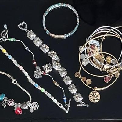 Sterling Silver Charm Bracelet with Alex & Ani Bangles (8)