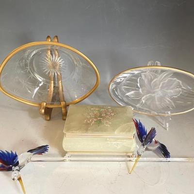 Vintage Heisey Glass Bowl, Mikasa Studio Oval Bowl. Alabaster Trinket Box And Art Glass Hummingbirds
