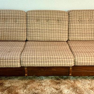 Mid-Century Rustic Sofa with Plaid/Tweed Upholstery, Slatted Back, Leather Arms