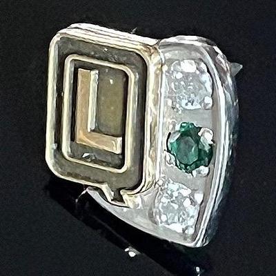 14K Two Tone Gold Monogram Pin with Diamonds and Emerald