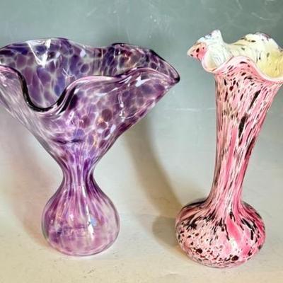 Hand Blown Art Glass Vases-Pink Spatter & Purple Mottled